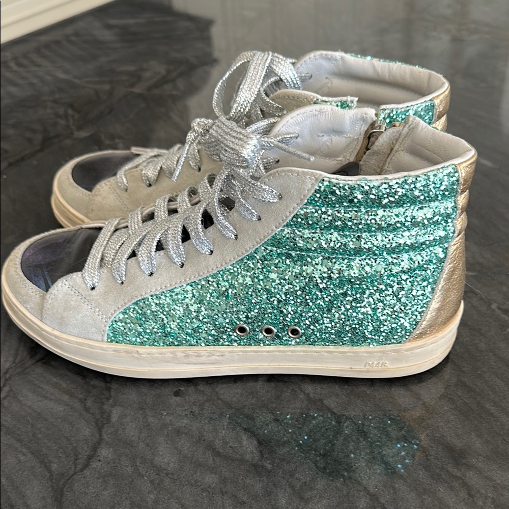 P448 Glittery Silver and Teal High-Top Sneakers